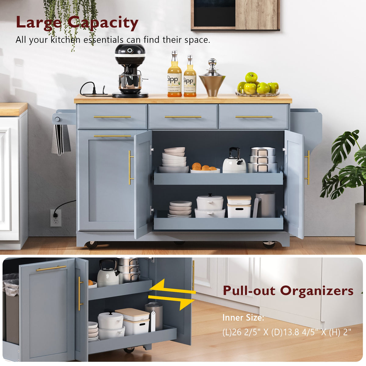 variant-group:rf-n707s299014g|Roomfitters 59.3" Kitchen Island with Power Outlet, Drop Leaf and Double Trash Can Pull Out, Rolling Cart, Grey+Blue