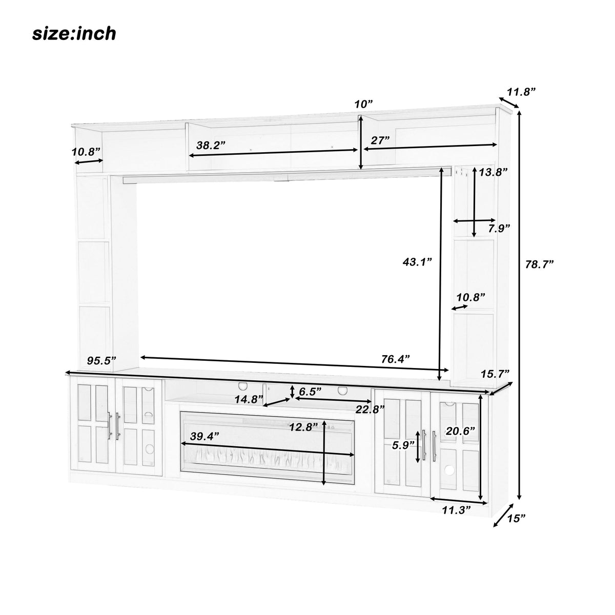 Roomfitters 95.5"W Large Wall Unit Entertainment Center, 39" LED Fireplace, Navy Blue Roomfitters