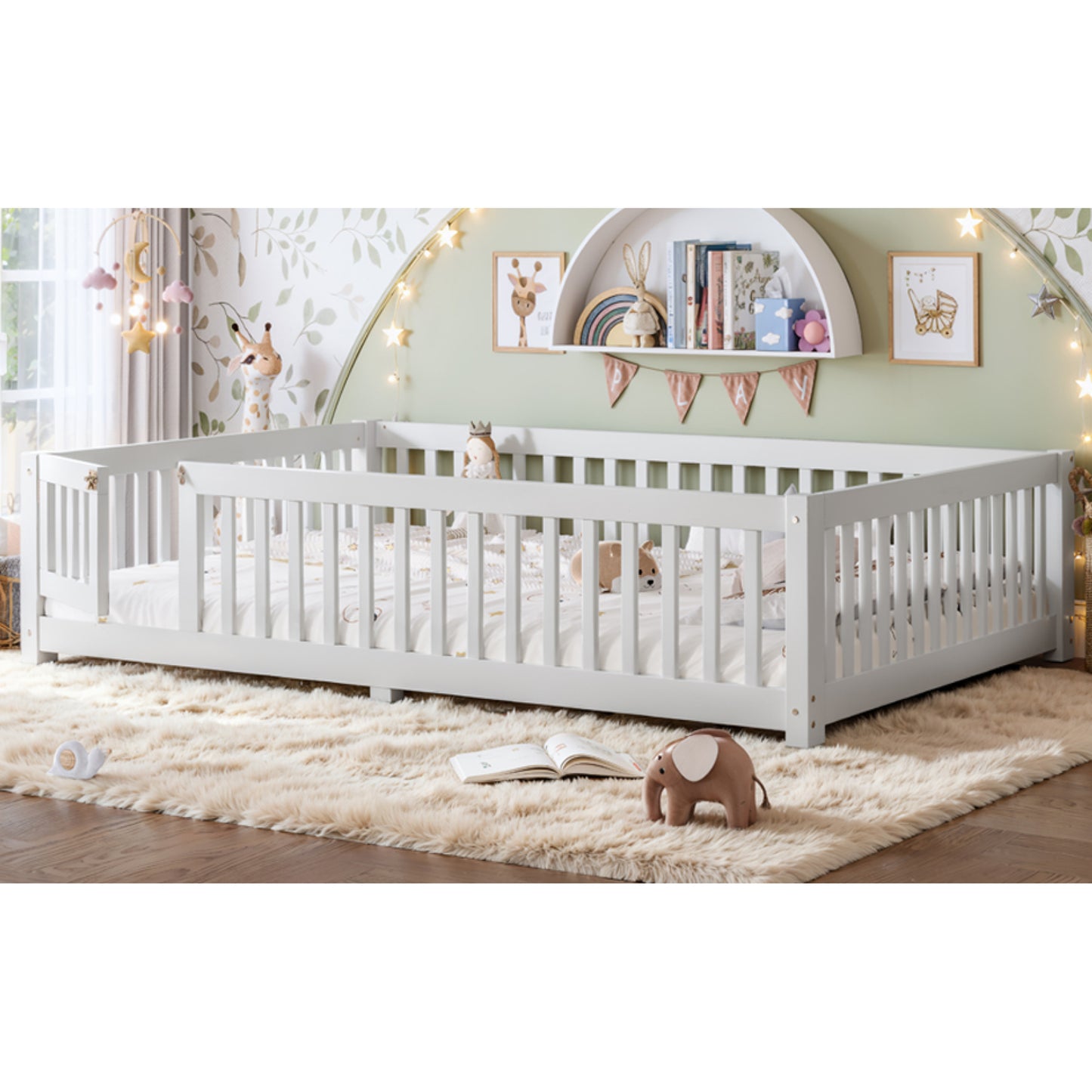 variant-group:rf-w1580p462324|Roomfitters Queen Size Wooden Floor Bed Frame with Safety Guardrails Door, Solid Wood Low Profile Toddler Play Bed, White