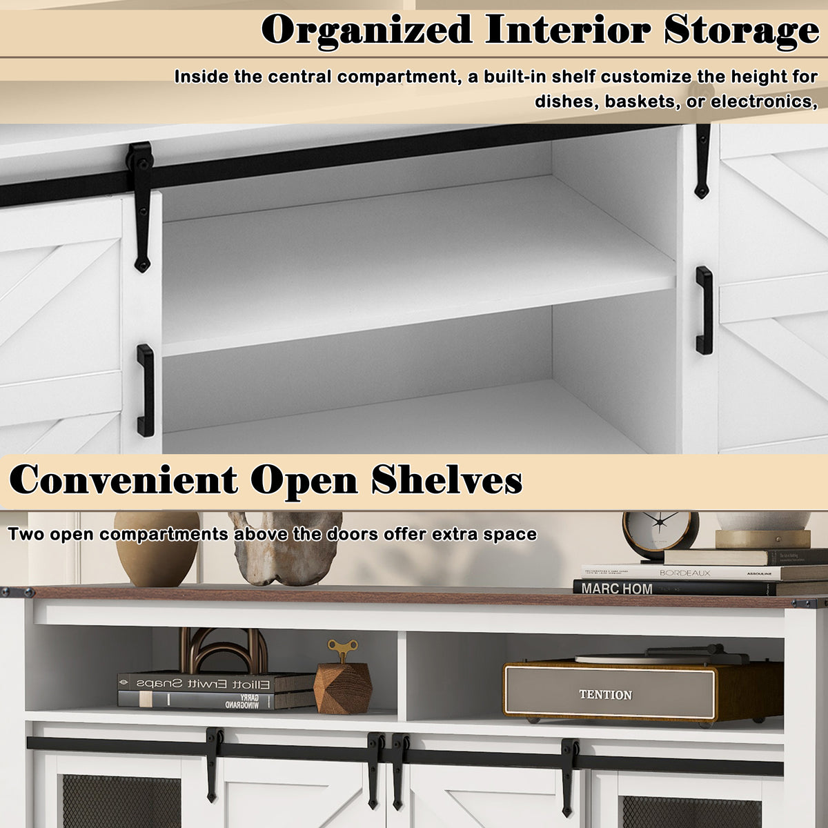 variant-group:rf-n711p347388k|Roomfitters 59.3" Sideboard Buffet Cabinet with Sliding Barn Doors, Modern Farmhouse Storage for Kitchen & Dining, Brown+White