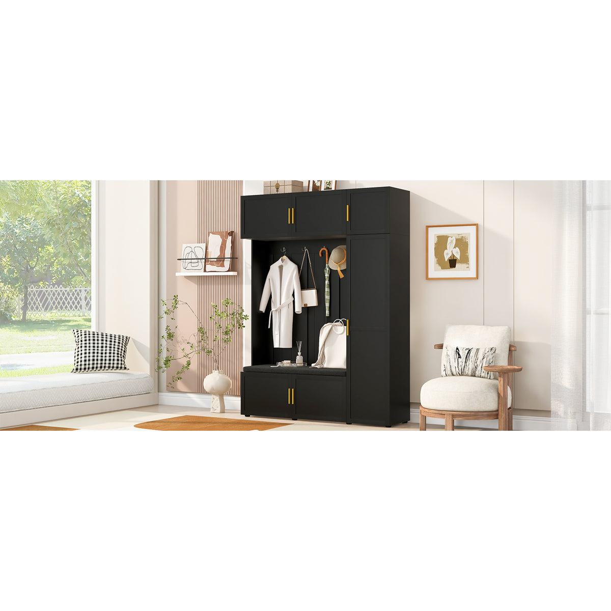 variant-group:rf-n724sj000166aab|Roomfitters American Style 4-in-1 Hall Tree, Upholstered Entryway Bench, Antique Black