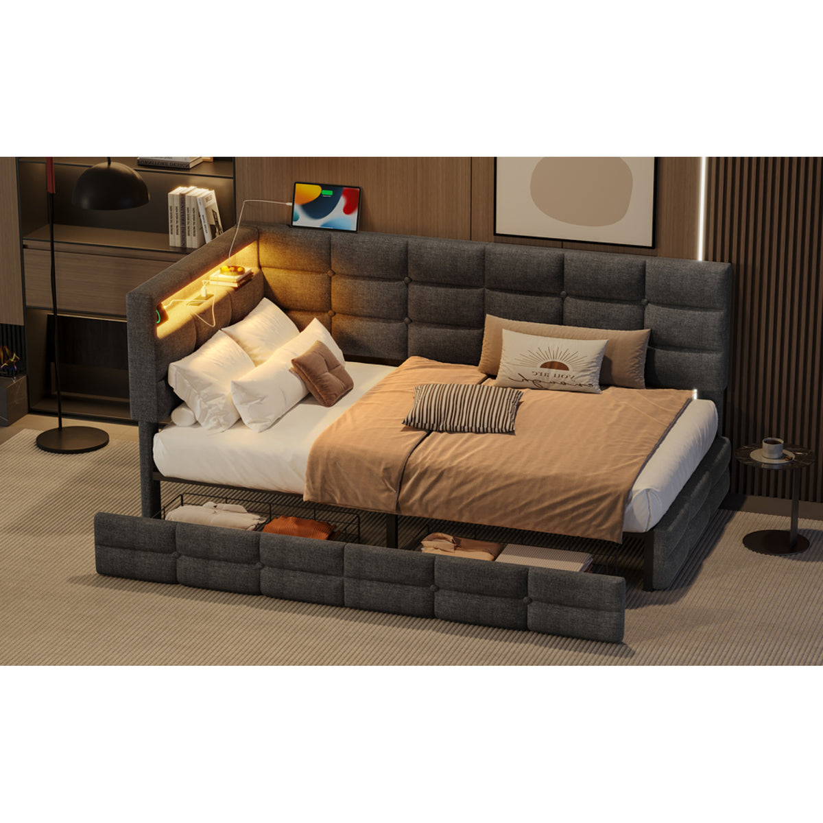 variant-group:rf-n733p285121e|Roomfitters Upholstered Twin Size Daybed with Storage Drawers and Charging Station, Bed Frame with Storage Headboard, No Box Spring Needed, Gray