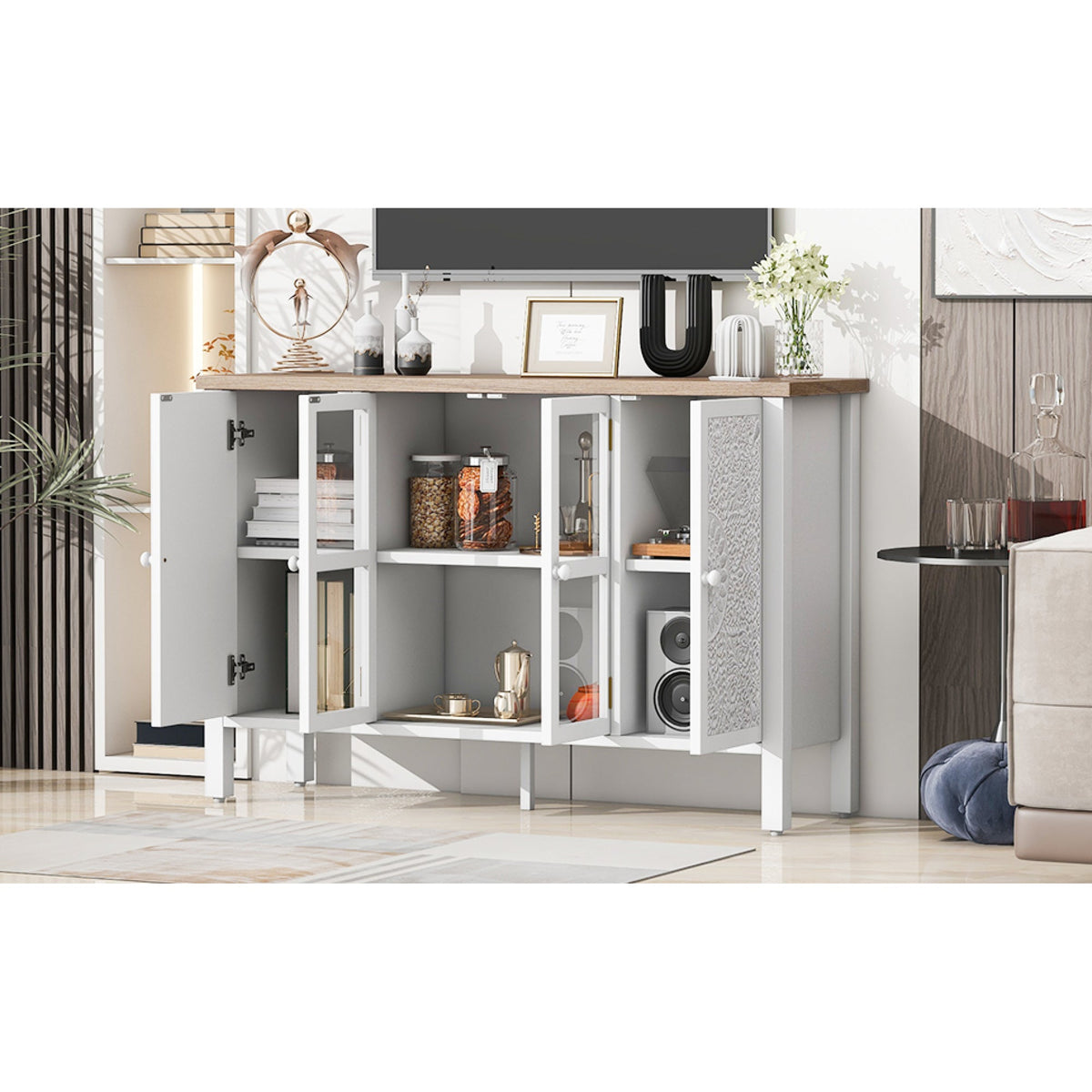 Roomfitters Retro TV Stand for up to 43 Inch TV, Media Console with Glass Cabinet Doors and Anti-Tip Safety Feature, White Roomfitters