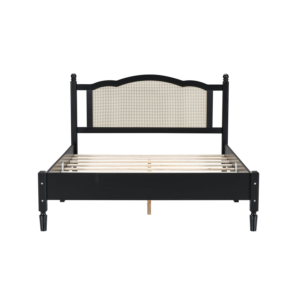 variant-group:rf-n733p180013b|Roomfitters Queen Size Wooden Platform Bed with Natural Rattan Headboard, Vintage-Inspired Bed Frame with Sturdy Wooden Slat Support for Timeless Elegance, Black