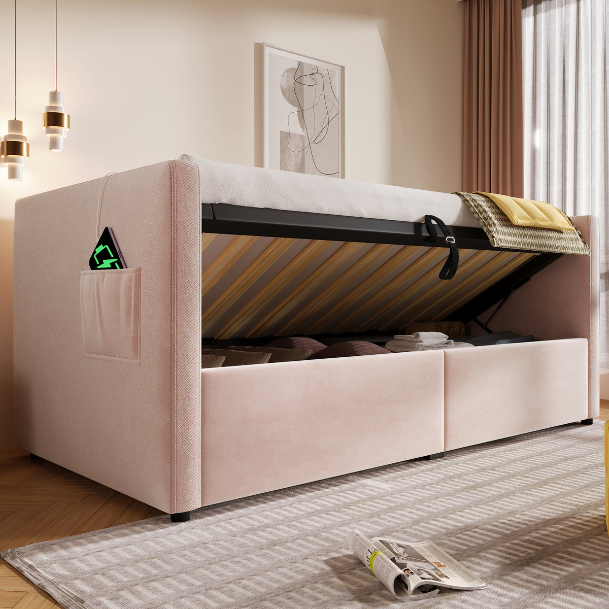 variant-group:rf-n736p303402p|Roomfitters Upholstered Twin Size Daybed with Storage, USB & Type-C Charging, Tufted Sofa Back, Velvet Pink