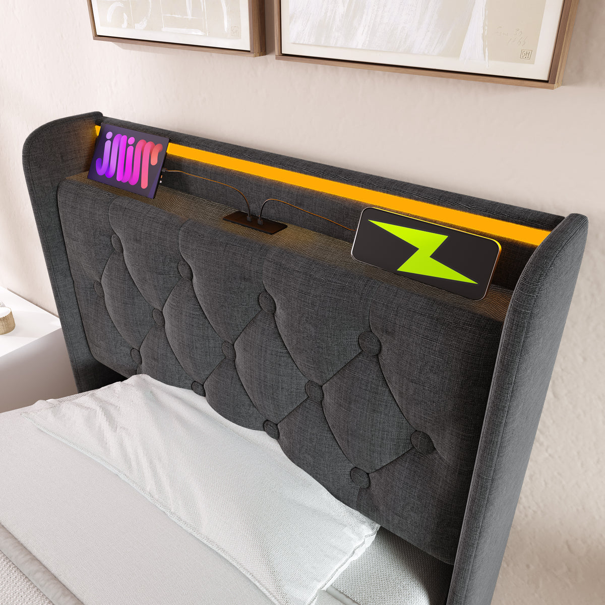 variant-group:rf-n736p188805g|Roomfitters Twin Size Upholstered Storage Bed with USB Type-C Charging and Remote Control, Linen Gray