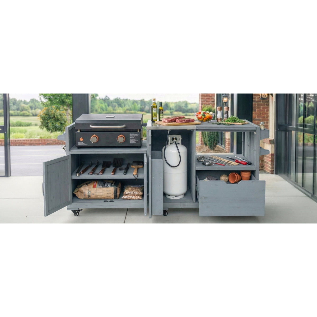 variant-group:rf-n707p392140g|Roomfitters 80.5" Extra Large Grill Cart, Outdoor Kitchen Prep Station with Stainless Steel Top & Kamado Grill Stand, Grey+Blue