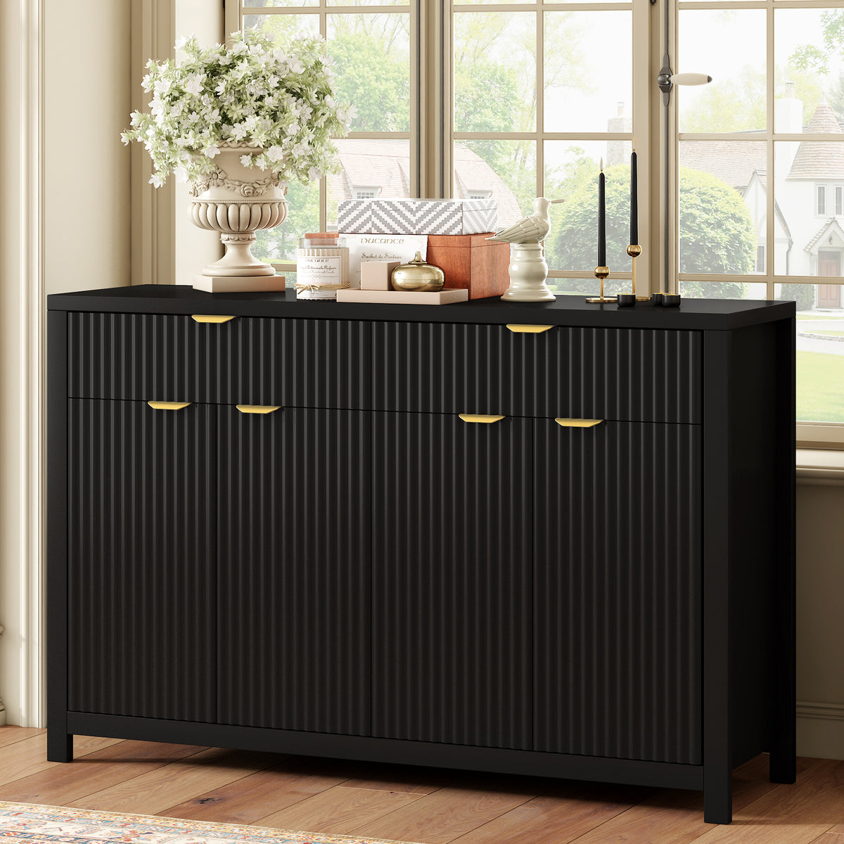 variant-group:rf-n711p269068b|Roomfitters Modern Sideboard Cabinet, Wave Pattern Storage Buffet with Adjustable Shelves, Accent Console, Black