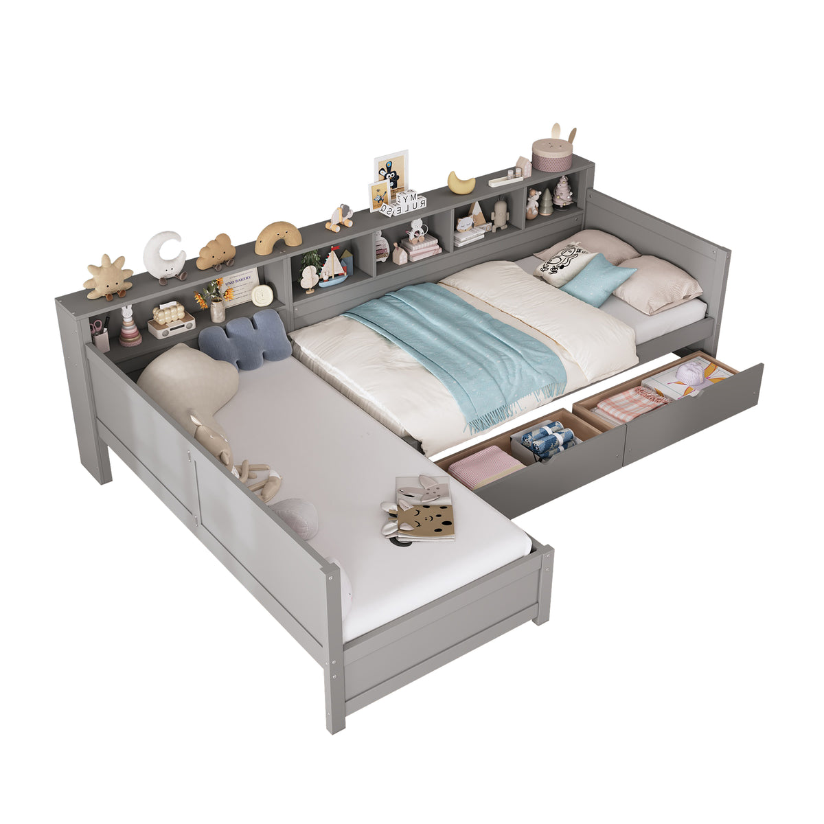 variant-group:rf-n733s369272e|Roomfitters Twin L-Shaped Daybed for 2 with 3 Storage Drawers, Wooden Corner Bed Frame with Bookshelf for Bedroom, Gray