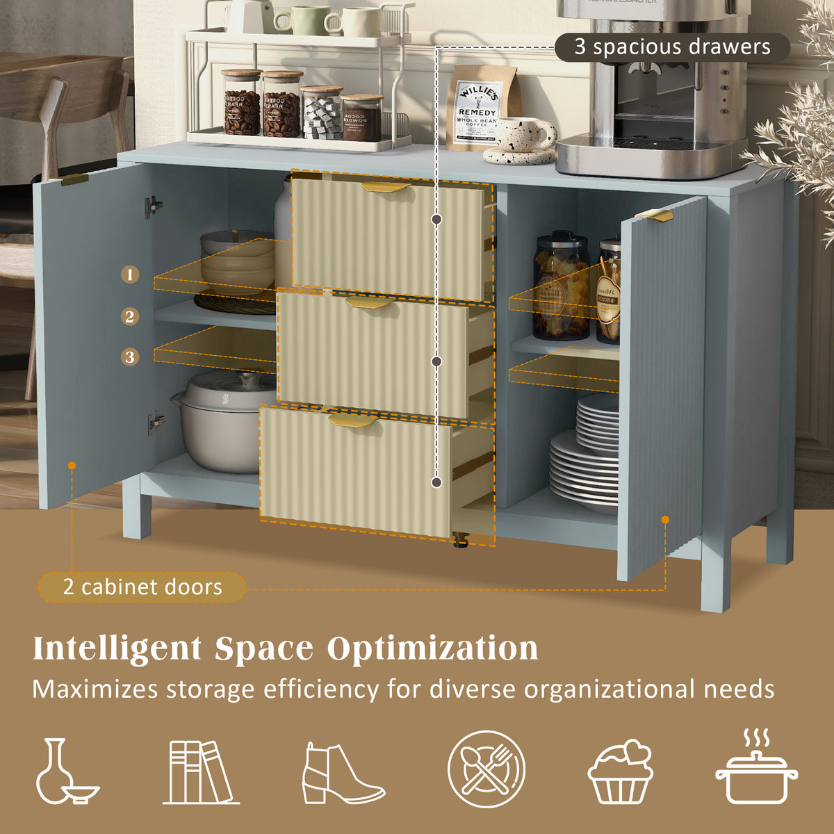 variant-group:rf-n711p269066c|Roomfitters Sideboard Buffet Cabinet with 3 Drawers, Mid-century Modern Fluted Accent Storage for Kitchen & Dining, Cyan
