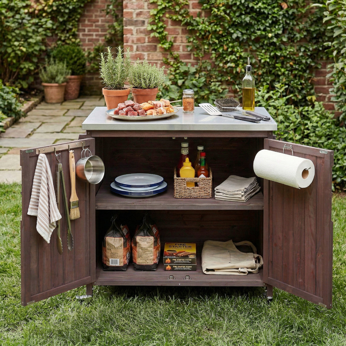 variant-group:rf-n707p370273z|Roomfitters 39.4" Grill Cart, Outdoor Kitchen Island with Stainless Steel Top, BBQ Prep Station with Storage Cabinet, Brown