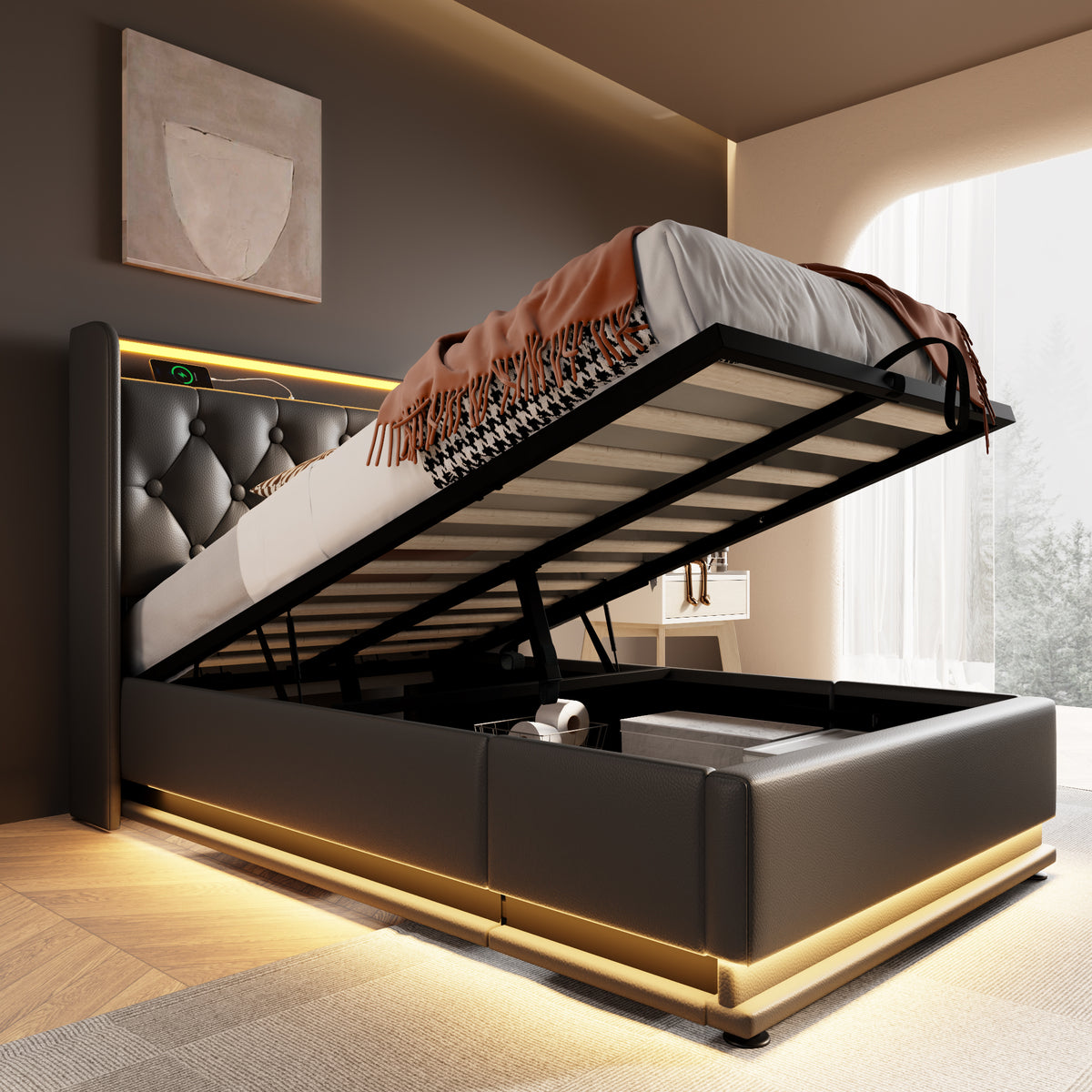 variant-group:rf-n736p188805b|Roomfitters Twin Size Upholstered Storage Bed with USB Type-C Charging and Remote Control, Faux Leather Black