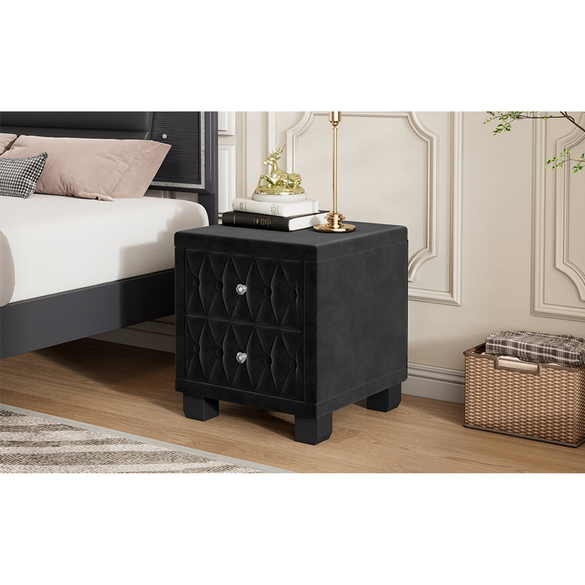 variant-group:rf-n733p210398b|Roomfitters Velvet Nightstand with Crystal Handles, Button-Tufted Upholstered Bedside Table with Two Storage Compartments, Black