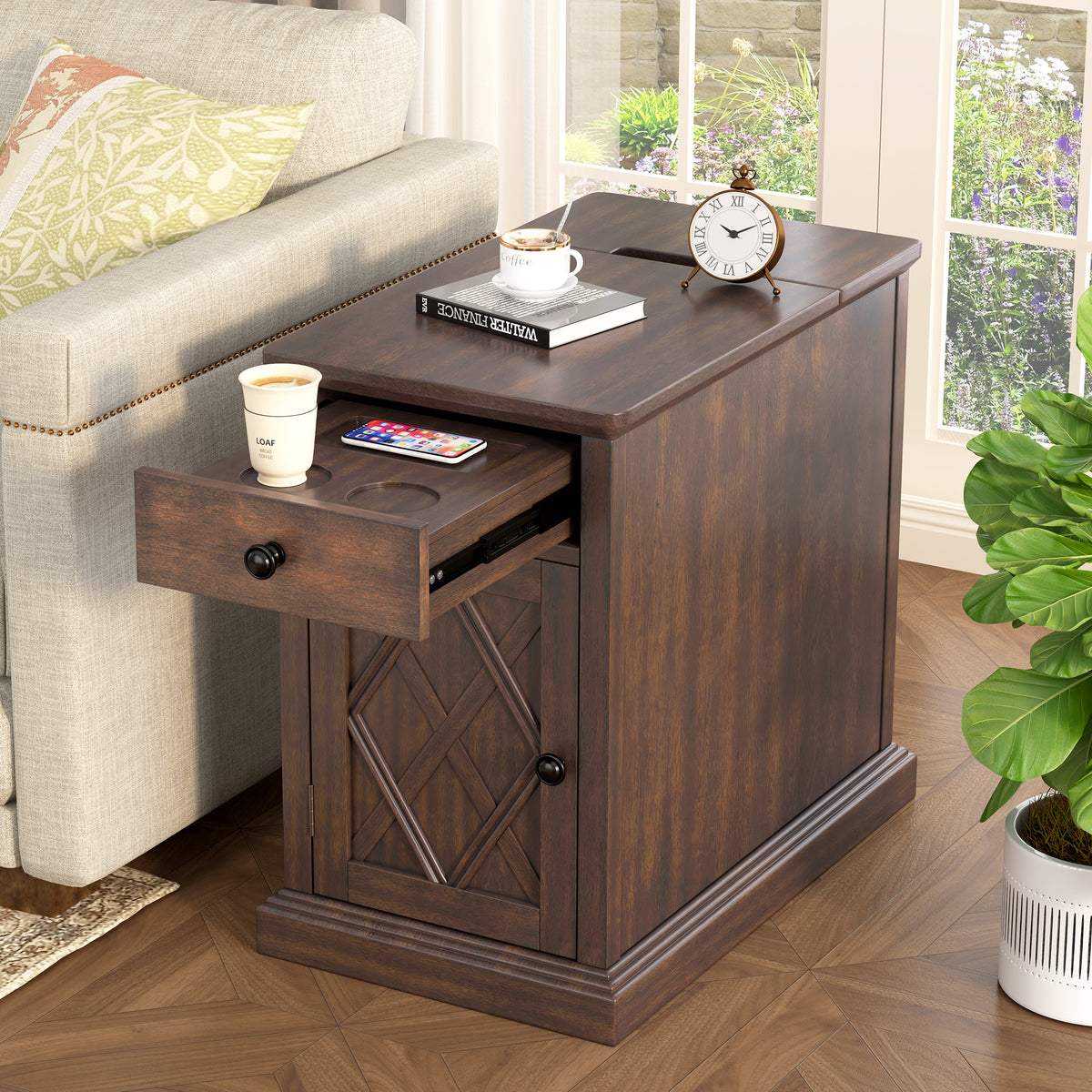 variant-group:rf-n724p353565d|Roomfitters Classic Charging End Table with USB Ports and Storage Drawer, Antique Brown