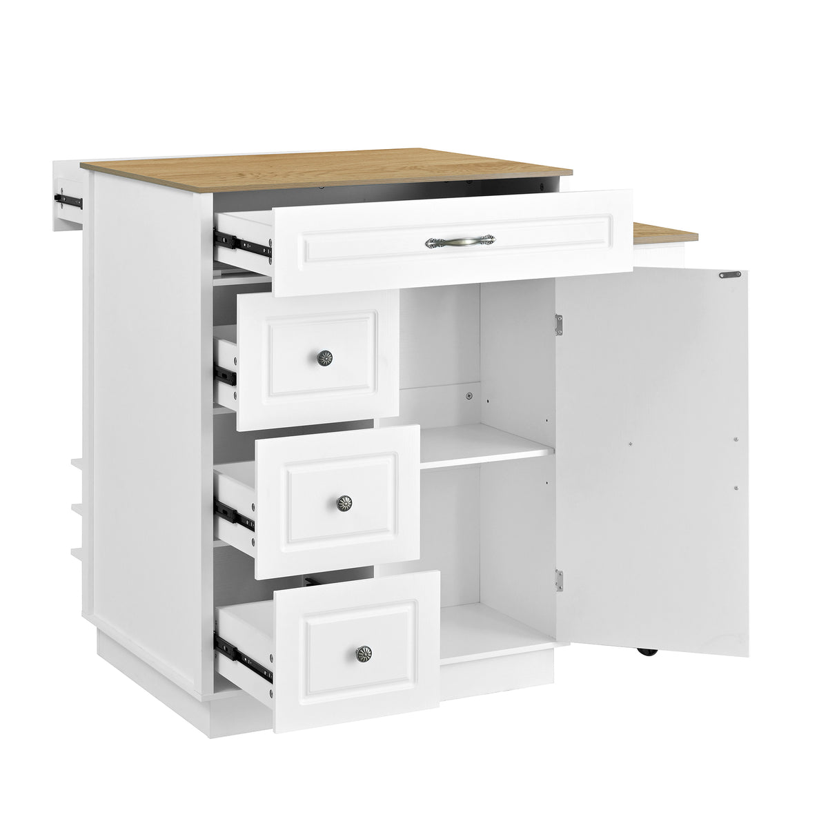 variant-group:rf-n711wy000493aak|Roomfitters White and Natural Wood MDF Extendable Bar Cabinet, Rolling Kitchen Island Table, Wine Rack Storage