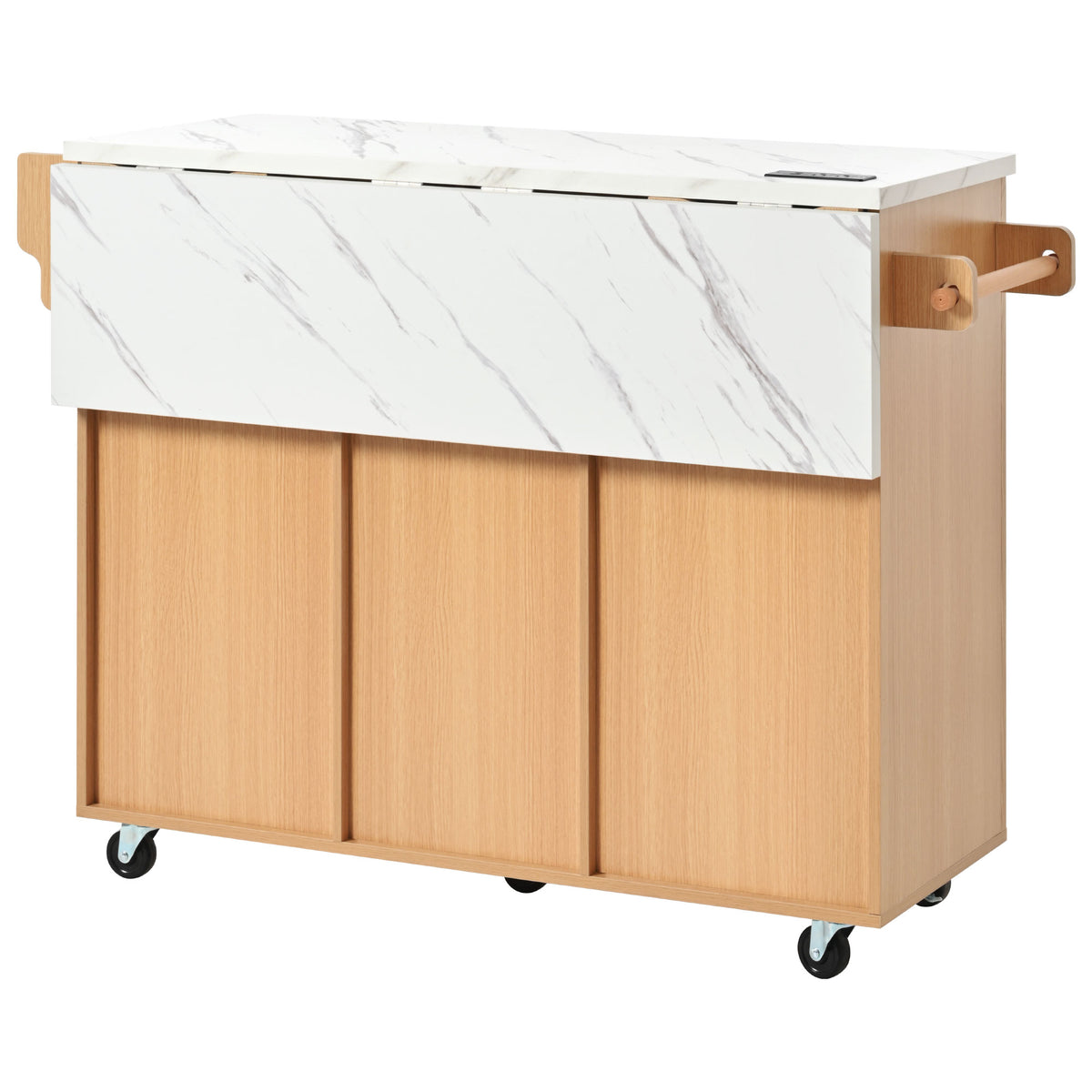 variant-group:rf-n707s000019y|Roomfitters 52" Fluted Kitchen Island with Drop Leaf, Power Outlet & Faux Marble Top, Natural