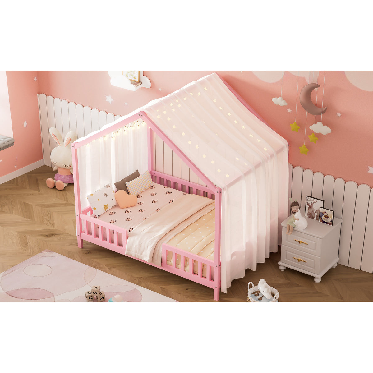 variant-group:rf-n733p356048h|Roomfitters Full Montessori Floor Bed with Canopy, House Shape Wood Frame with Safety Rails, Platform Bed, Pink