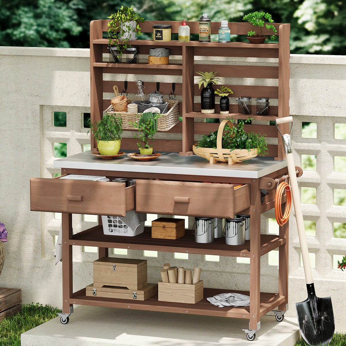 variant-group:rf-n707p228274z|Roomfitters 64.9" Outdoor Potting Bench Table, Rolling Kitchen Island with Hutch, Stainless Steel Top, Storage, Brown