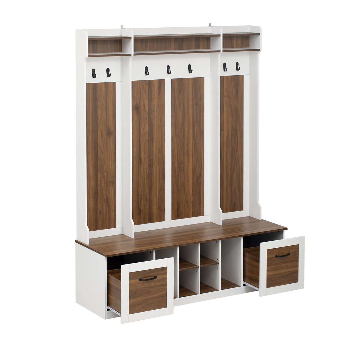 variant-group:rf-n724p235232d|Roomfitters 5-in-1 Entryway Bench with Coat Rack, Hooks, Drawers and Adjustable Shelves, Hall Tree for Hallway or Living Room, Brown+White