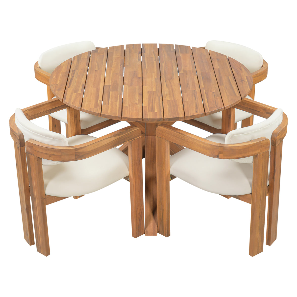 variant-group:rf-n704g201258a|Roomfitters 5-Piece Outdoor Acacia Wood Round Dining Set with Ergonomic Barrel Armchairs Beige Cushions