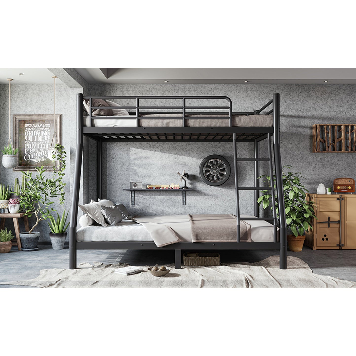 Roomfitters Twin over Full Bunk Bed Frame for Teens Adults, Heavy Duty Metal Round Tube Noise Free No Box Spring, Black