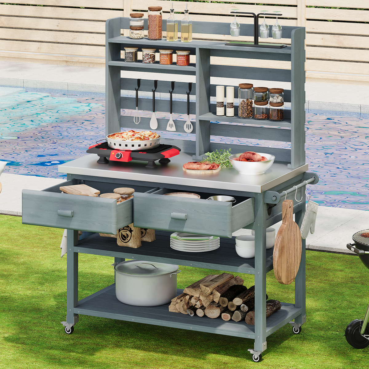 variant-group:rf-n707p228274g|Roomfitters 64.9" Outdoor Potting Bench Table, Rolling Kitchen Island with Hutch, Stainless Steel Top, Storage, Grey Blue