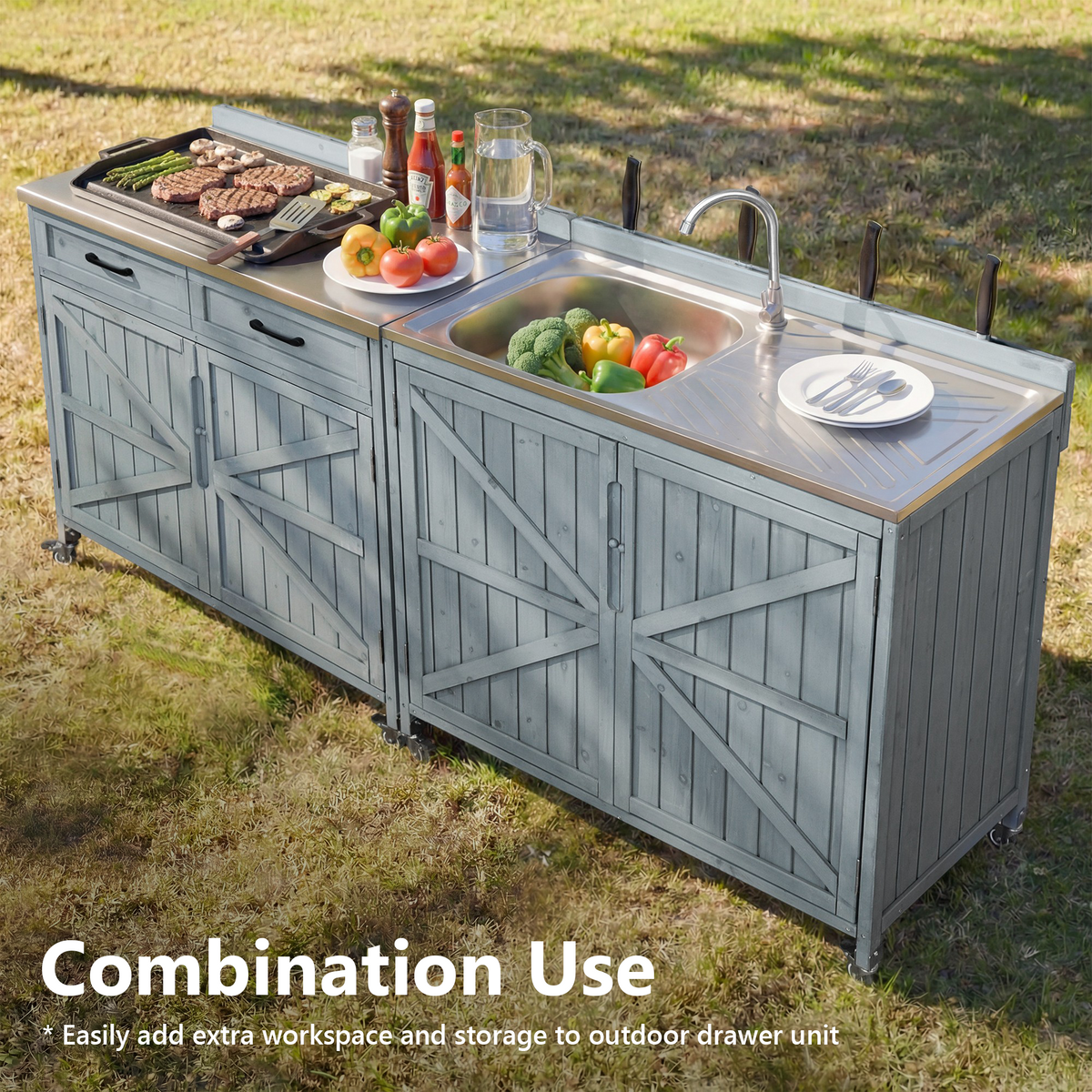 variant-group:rf-n707p370281g|Roomfitters 39.4" Outdoor Grill Cart with Stainless Steel Top, Prep Station with Sink and Storage Cabinet, Grey+Blue