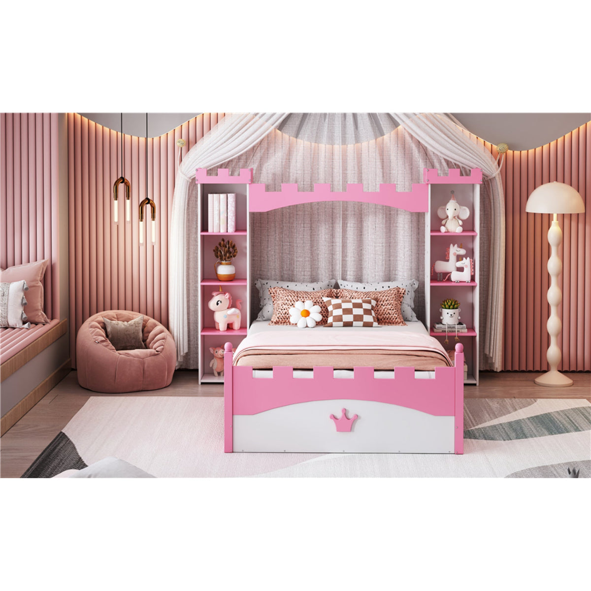 Roomfitters Castle-Shaped Wooden Bed with Storage Shelf, Dreamy Twin Size Platform Bed with Charming Aesthetic, White+Pink
