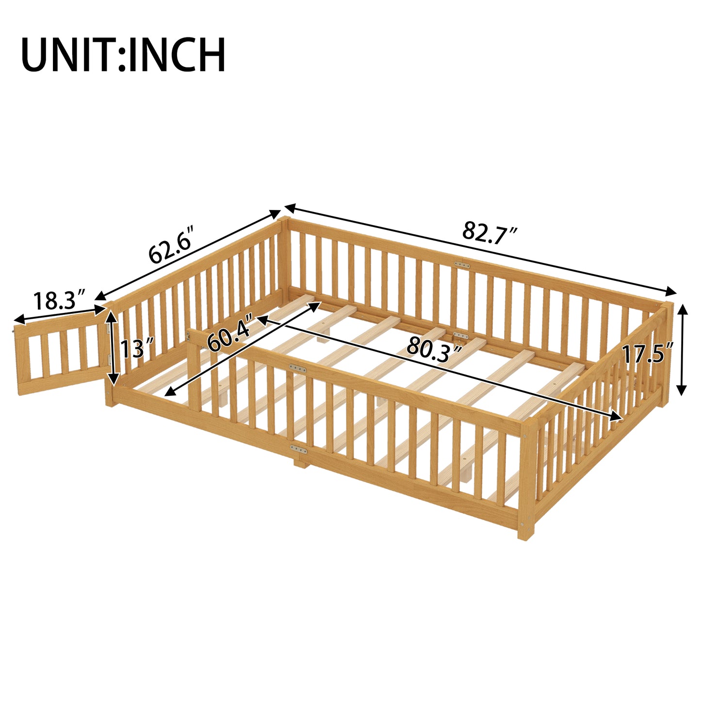 variant-group:rf-w1580p338954|Roomfitters Wooden Queen Floor Bed Frame with Door & Safety Guardrails, Low Platform Design for Bedroom or Playroom, Natural