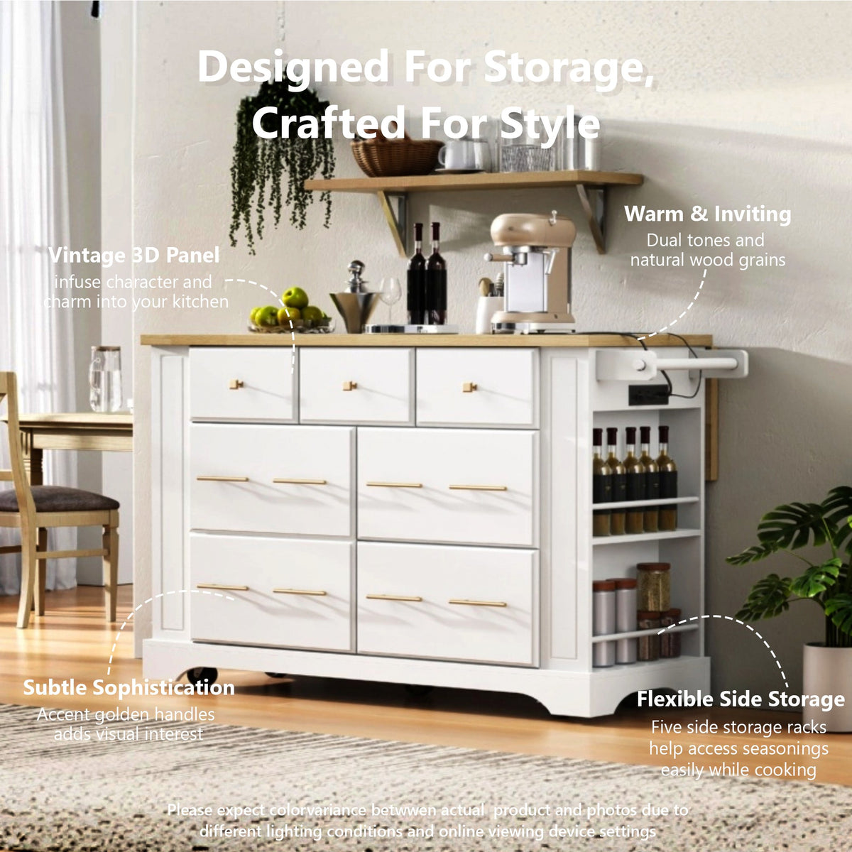 variant-group:rf-n707s307292w|Roomfitters 51" Kitchen Island with Power Outlet and Drop Leaf, Rolling Cabinet with Pull-Out Trash Can Drawer, White