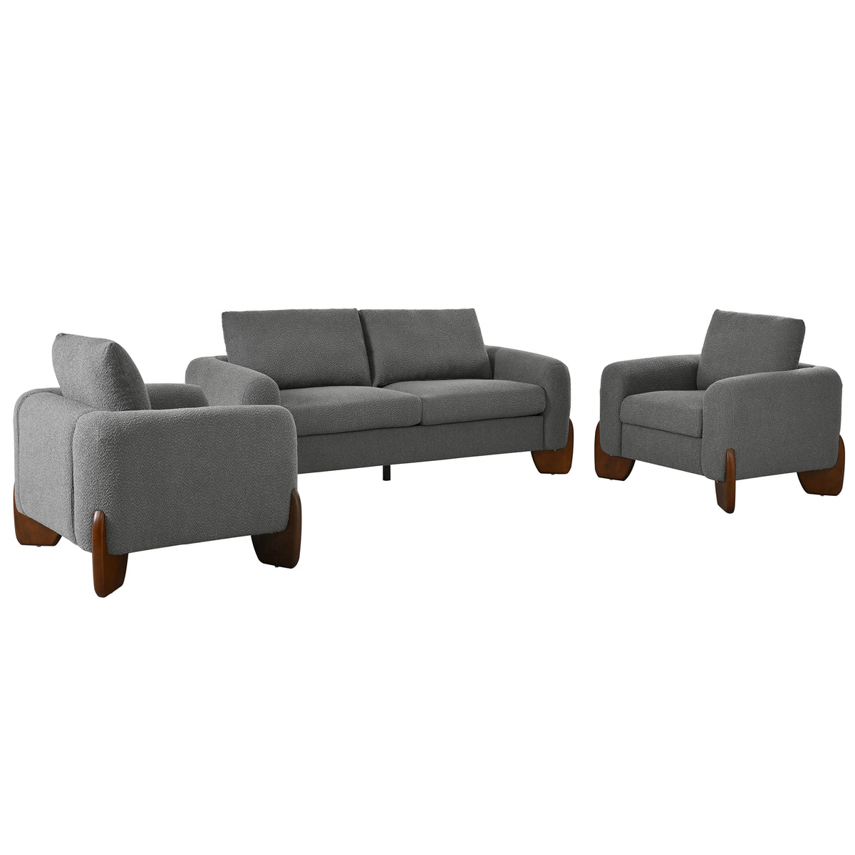 variant-group:rf-n711wy000479aae|Roomfitters Modern 3-Piece Living Room Sofa Set, Bouclé Fabric Loveseat and 2 Armchairs Pack, Grey Pinewood Lounge