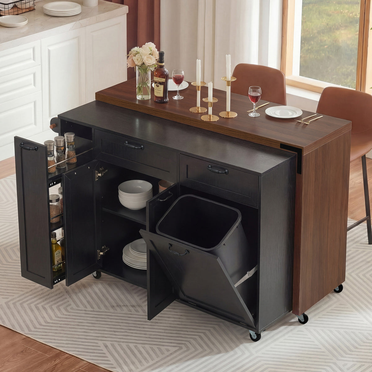 variant-group:rf-n707s000026b|Roomfitters 102.3" Kitchen Island with Tilt Out Trash Can Cabinet, Rolling Storage Cart, Slide-out Spice Rack, Black