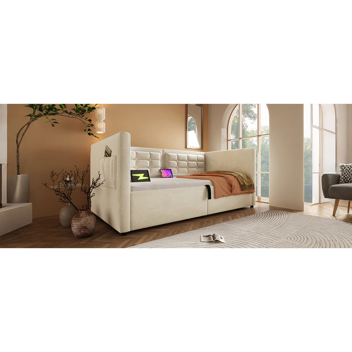 variant-group:rf-n736p303402b|Roomfitters Upholstered Twin Size Daybed with Storage, USB & Type-C Charging, Tufted Sofa Back, Velvet Beige