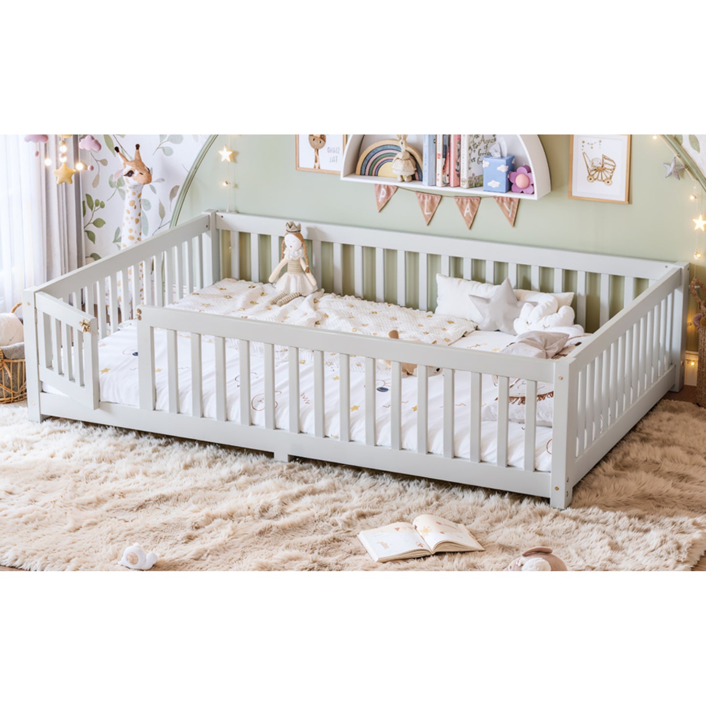 variant-group:rf-w1580p462324|Roomfitters Queen Size Wooden Floor Bed Frame with Safety Guardrails Door, Solid Wood Low Profile Toddler Play Bed, White