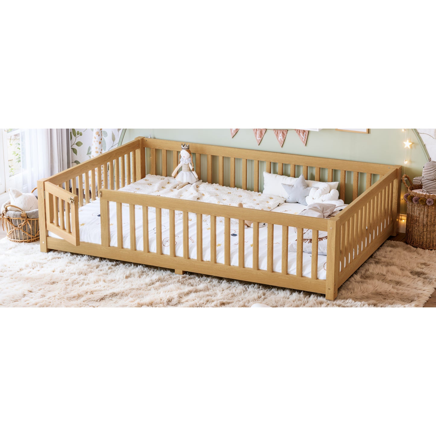 variant-group:rf-w1580p462325|Roomfitters Queen Size Wooden Floor Bed Frame with Safety Guardrails Door, Solid Wood Low Profile Toddler Play Bed, Natural