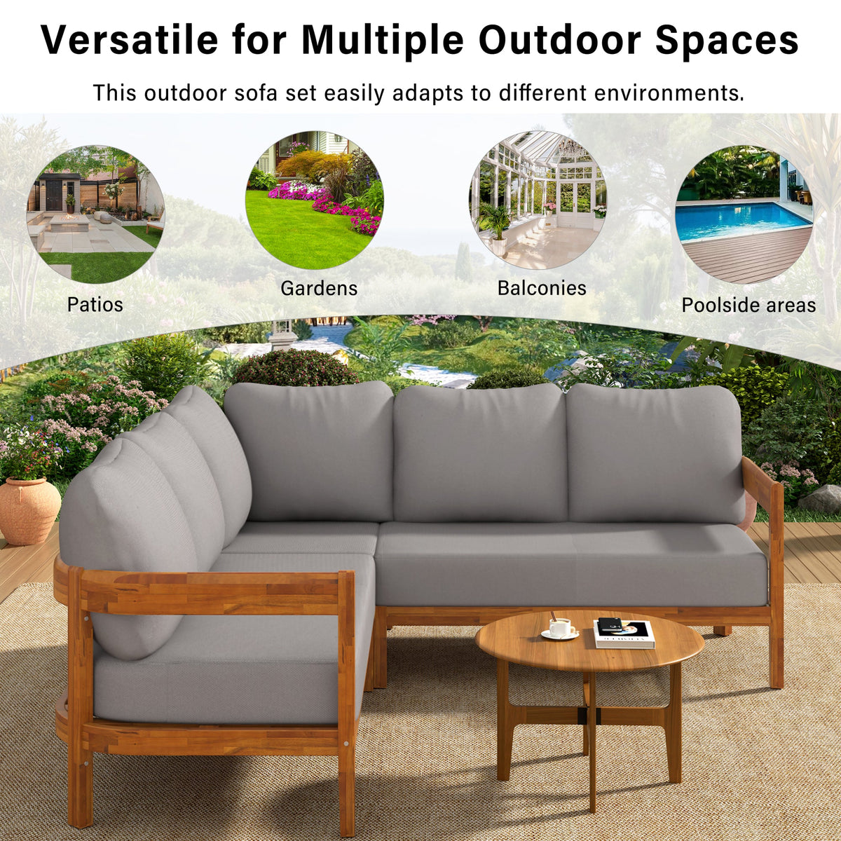 Roomfitters Modern Contemporary Slate Grey Solid Acacia Wood L-Shaped Outdoor Patio Sectional Sofa Conversation Seating Set Roomfitters