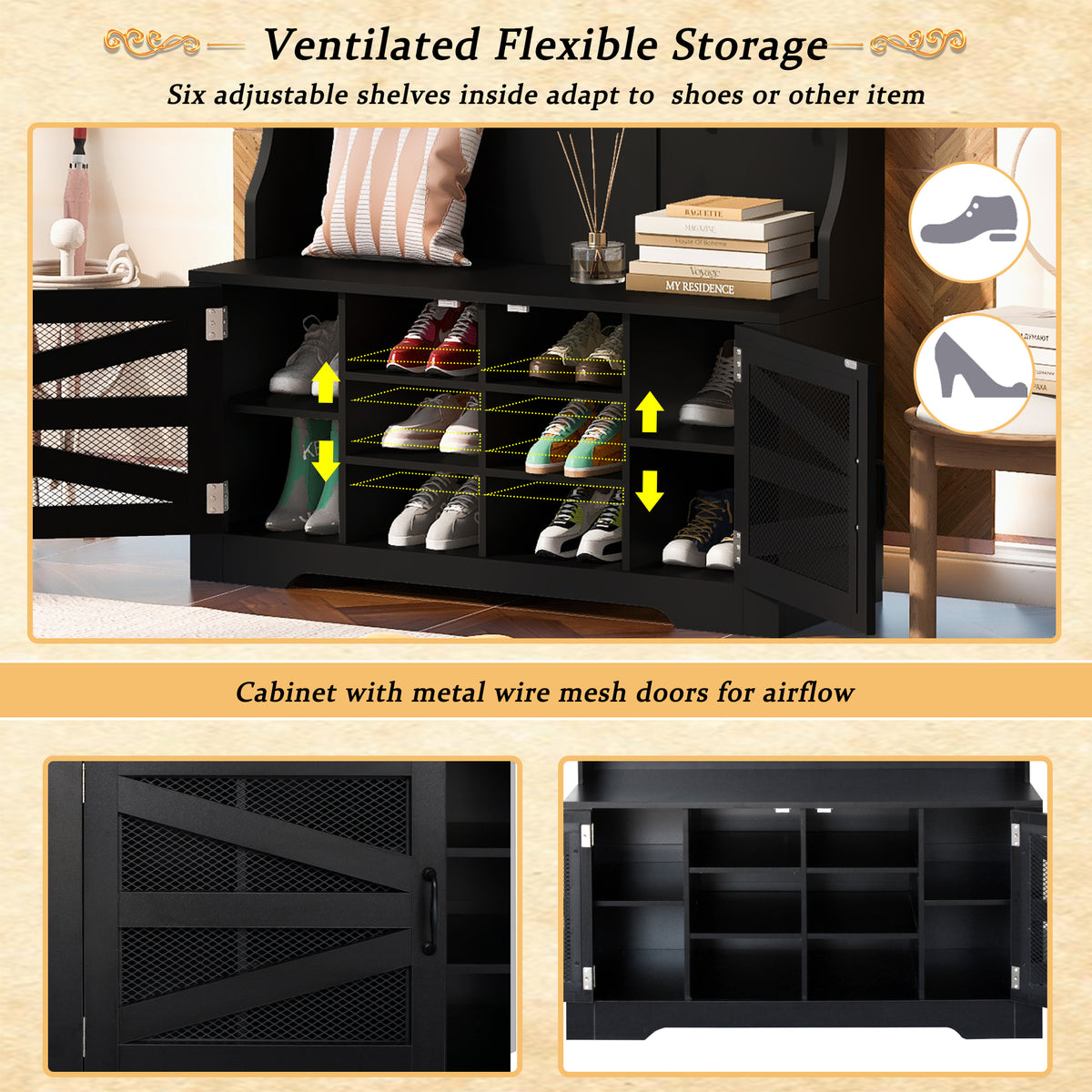 variant-group:rf-n724p264668b|Roomfitters 3-in-1 Entryway Bench with Coat Rack, Adjustable Shelves and 7 Hooks, 43.3" Hall Tree for Entrance or Living Room, Black