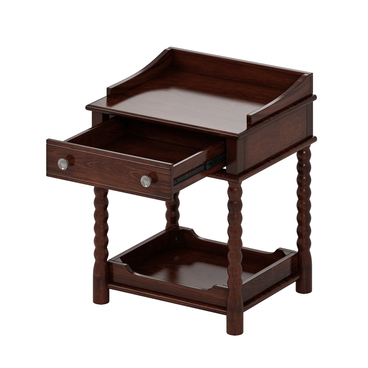 variant-group:rf-n733p206240d|Roomfitters Retro Style Bedside Table with Storage and Open Shelf, Turned Legs, and Metal Handle, Walnut