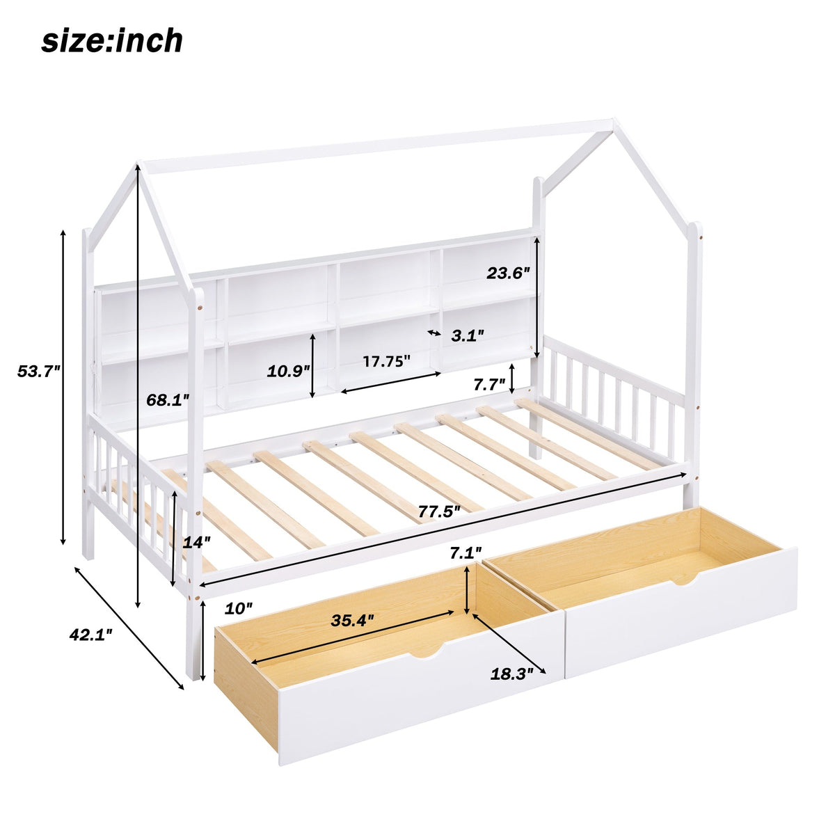 Roomfitters Wooden Twin Size House Bed with Storage Drawers and Shelf, Minimalist and Functional Design, White