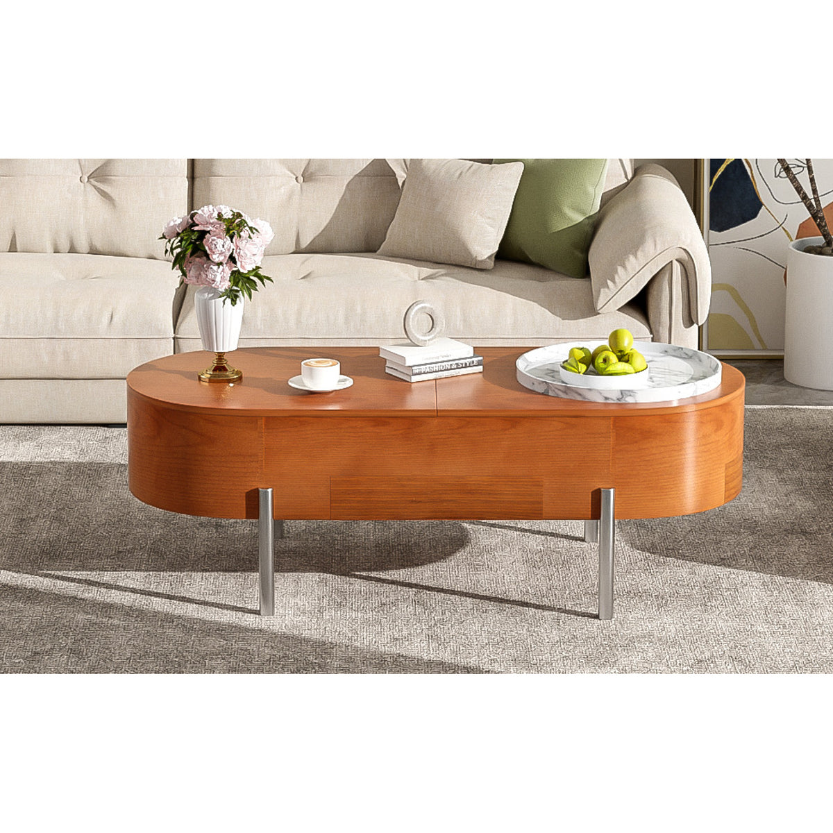 variant-group:rf-n724p228920d|Roomfitters Lift Top Oval Coffee Table with Rotating Marble Tray and Hidden Compartment, Brown