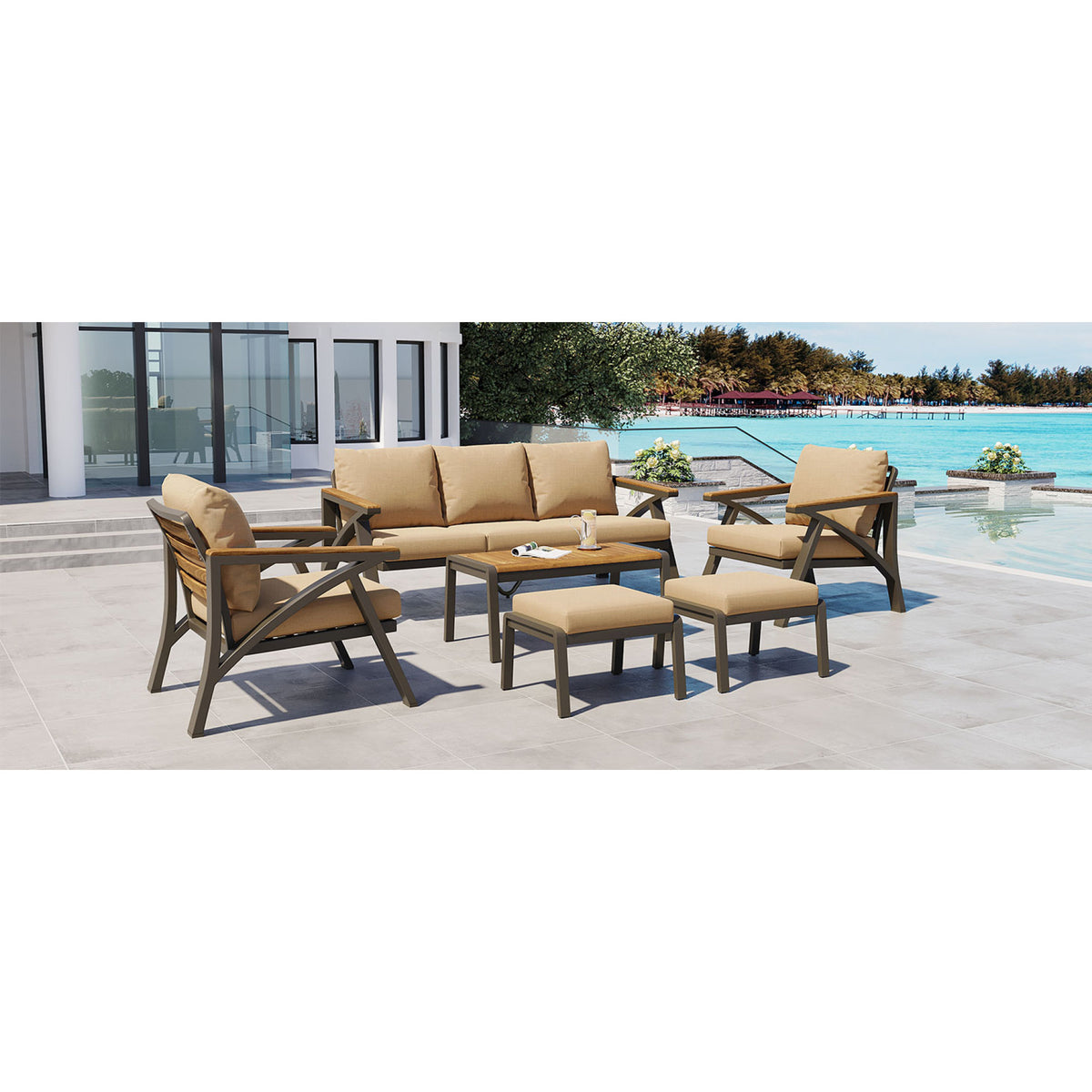 variant-group:rf-n704g201256d|Roomfitters 6-Piece Steel Conversation Set with 3-Seat Sofa Multi-Functional Ottomans and Acacia Wood Table Brown