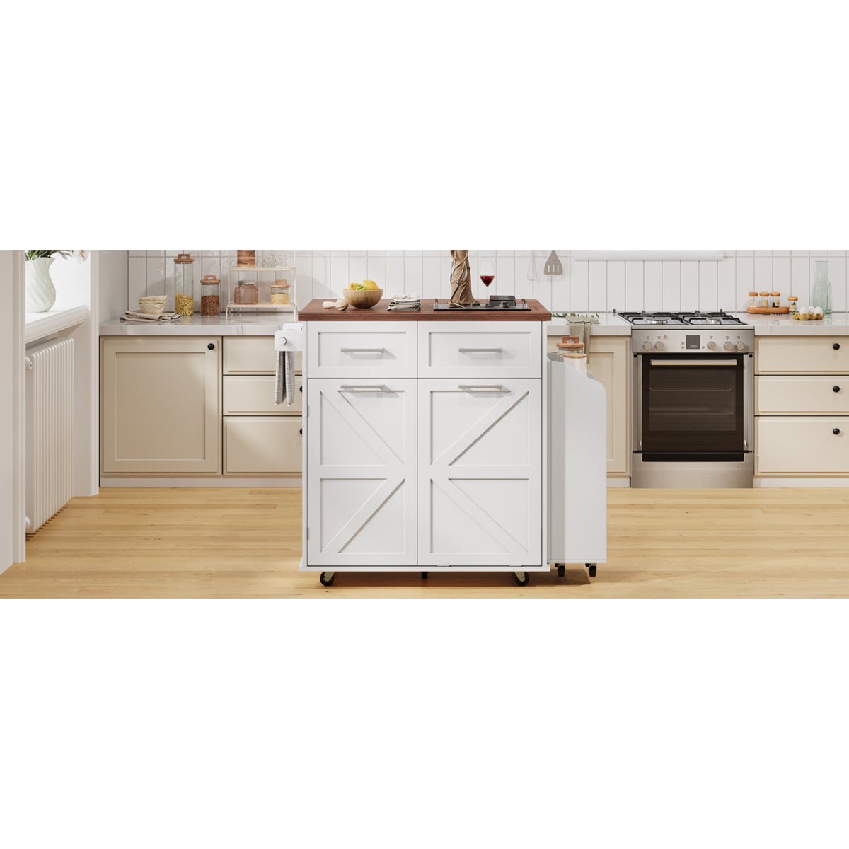 variant-group:rf-n707p307296w|Roomfitters 47.2" Farmhouse Kitchen Island with Drop Leaf, Tilt Trash Can Cabinet, Removable Mobile Side Racks, White