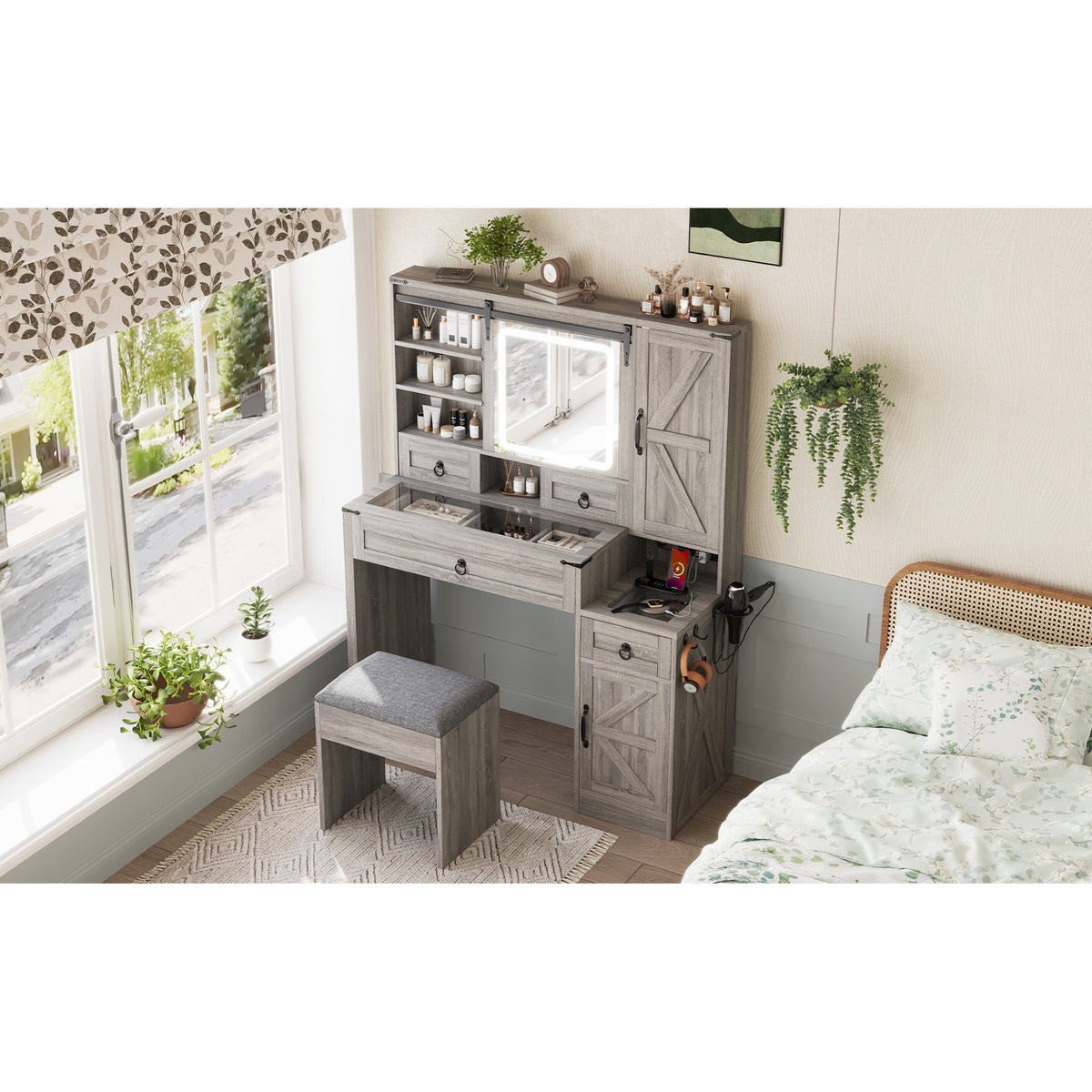 variant-group:rf-n733p340562g|Roomfitters Farmhouse Vanity Desk with Sliding Mirror & Lights, Glass Top, Charging Station, 4 Drawers, 2 Cabinets, Stool, Gray