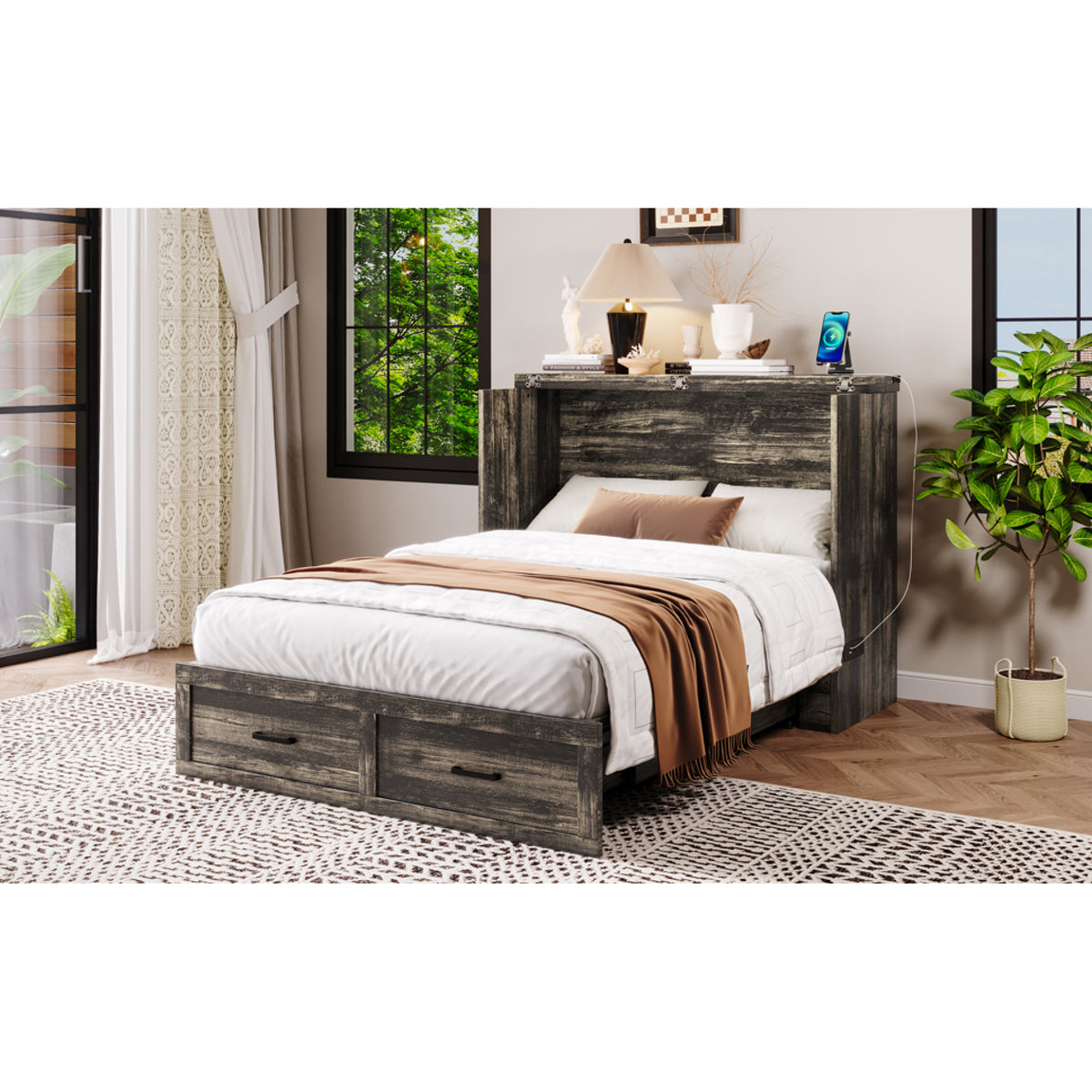 variant-group:rf-n733s293995g|Roomfitters Full Size Murphy Bed Cabinet with Charging Station, Foldable Platform Bed with Storage Drawer, Rustic Gray