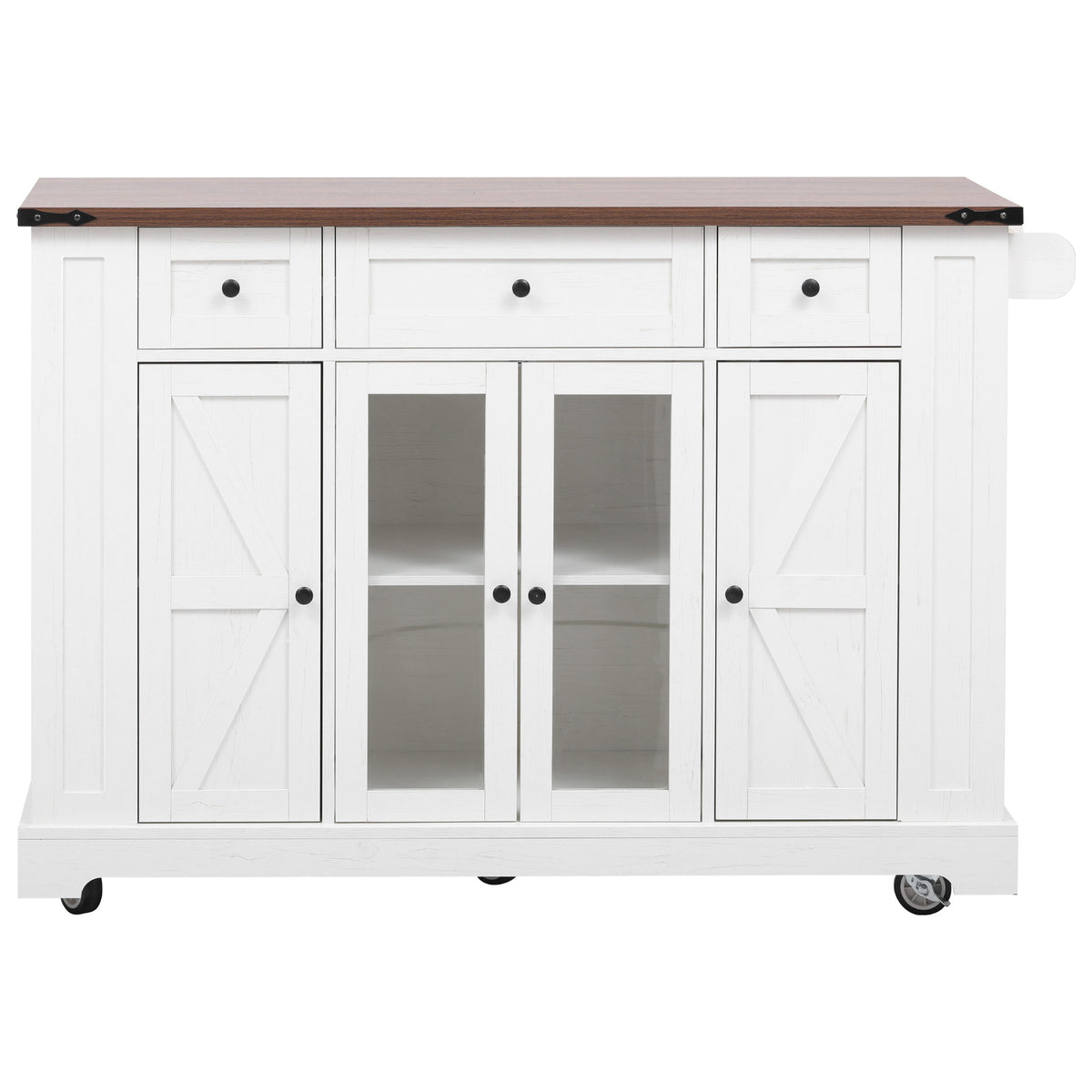 variant-group:rf-n707p263637w|Roomfitters 53" Rolling Kitchen Island with Drop Leaf, Mobile Cart with Glass Doors, 5 Side Shelves & Power Outlets, White