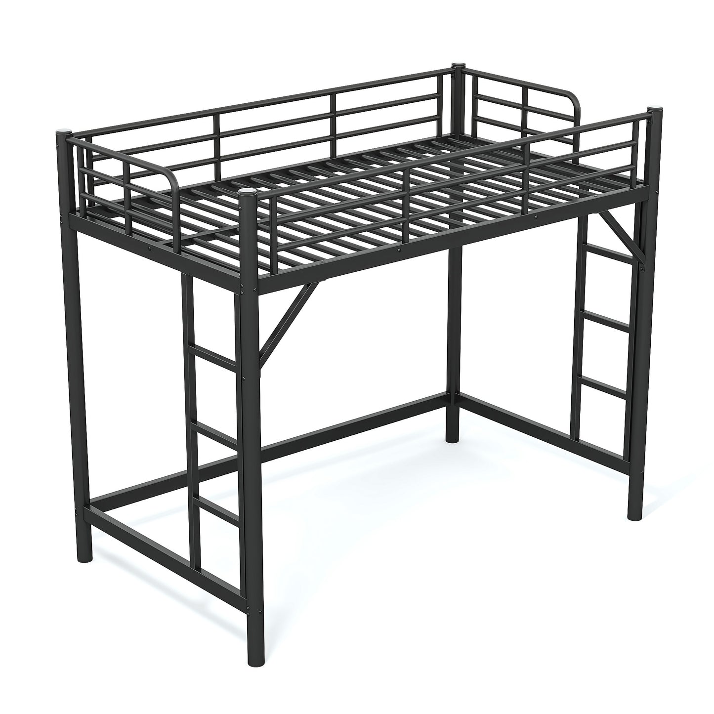 variant-group:rf-w1580p455013|Roomfitters Twin XL Size Metal Loft Bed Frame with Guardrails, Heavy Duty Space Saving High Loft Bed Dual Ladders, Black