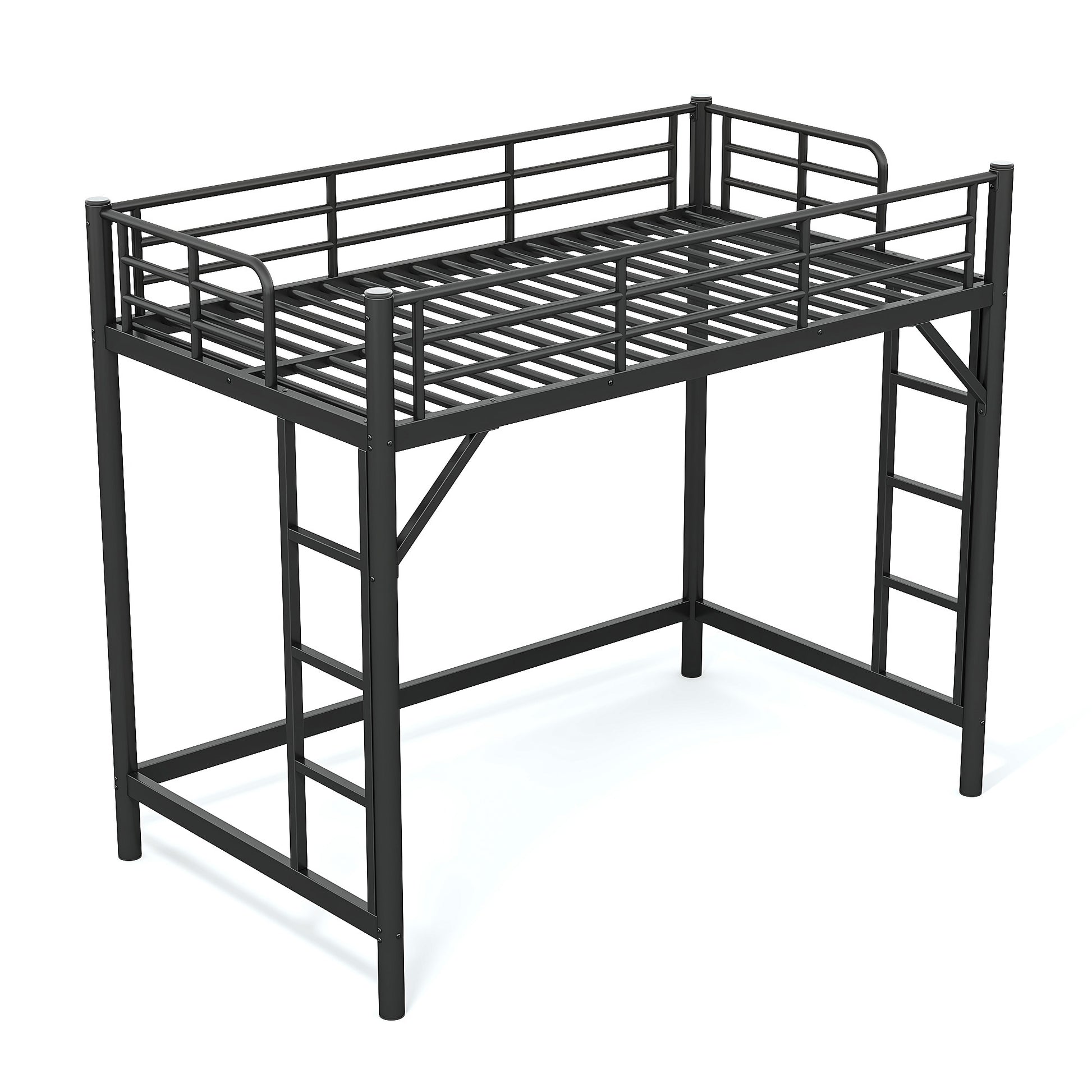 variant-group:rf-w1580p455013|Roomfitters Twin XL Size Metal Loft Bed Frame with Guardrails, Heavy Duty Space Saving High Loft Bed Dual Ladders, Black