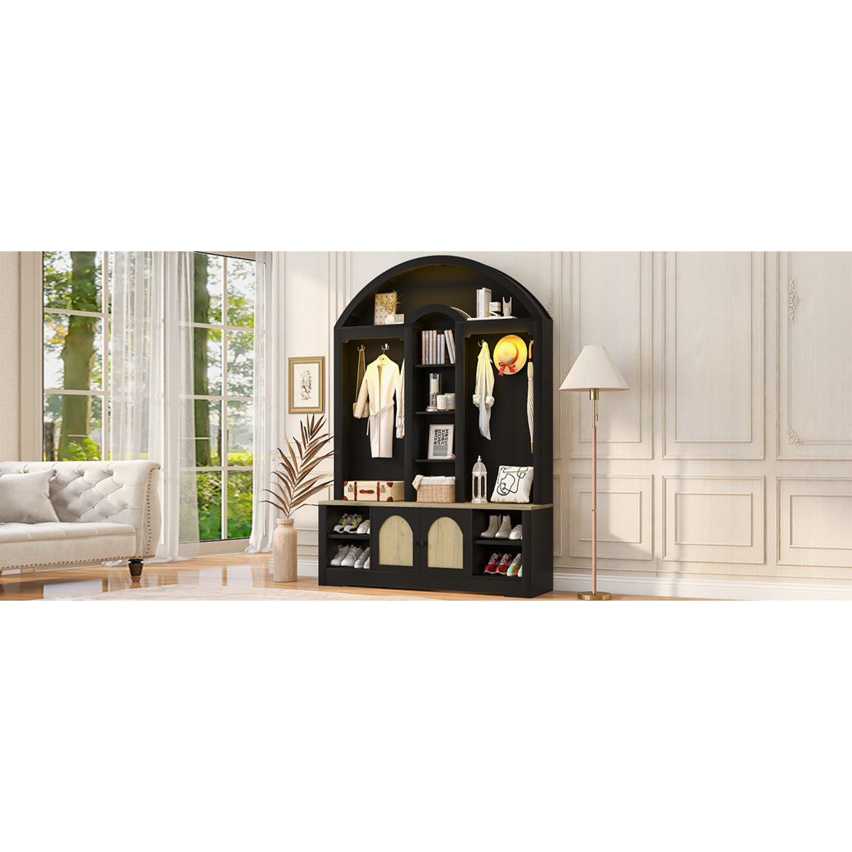 variant-group:rf-n724sj000158aab|Roomfitters Multi-Functional Curved Entrance Wardrobe, Hall Tree, Black & Natural