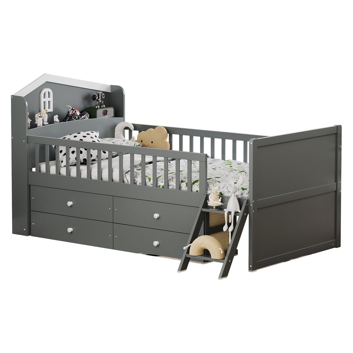 variant-group:rf-n733s278032e|Roomfitters Twin Platform Bed Frame with Four Drawers, Wooden Kids Bed with Guardrail Headboard and Ladder, Gray