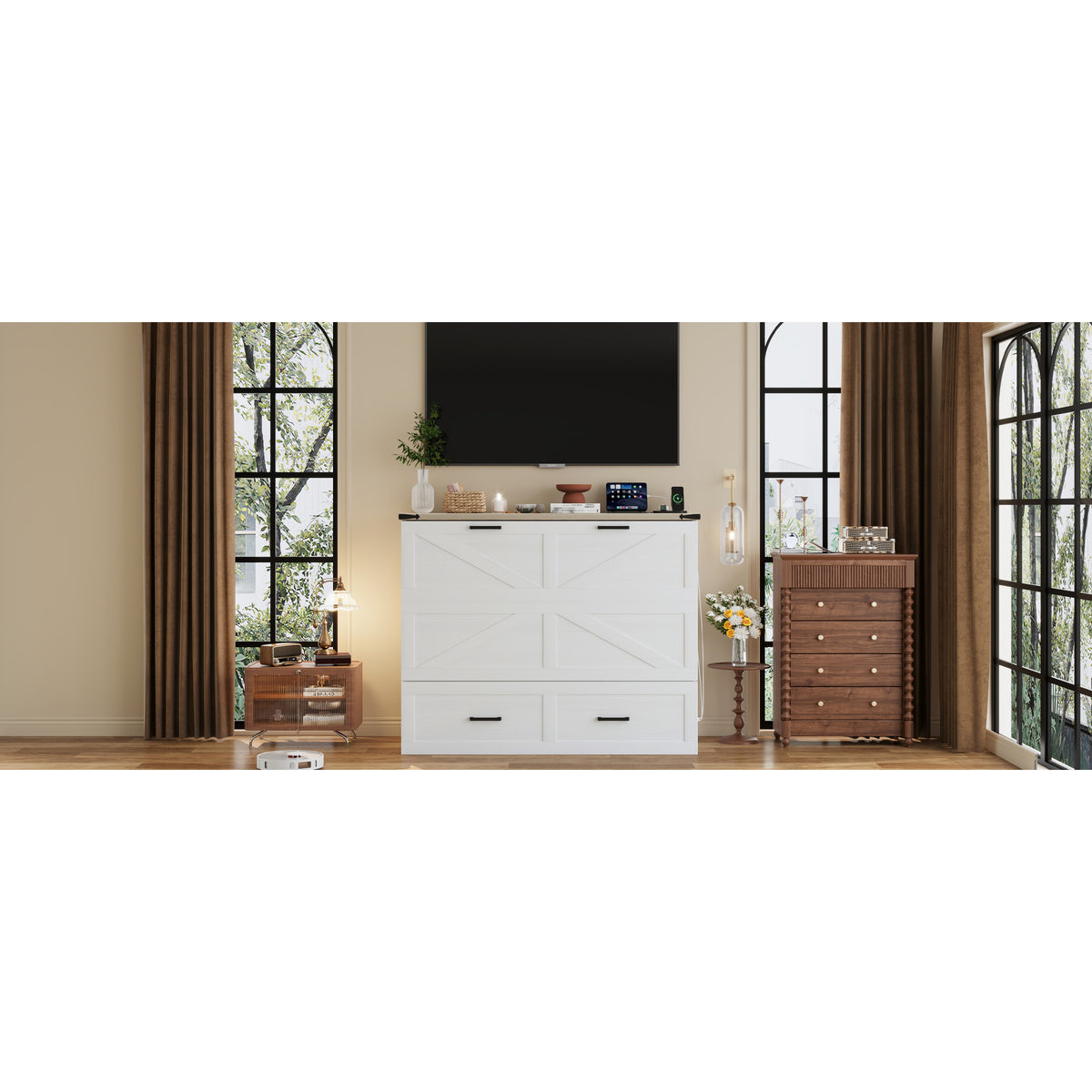 variant-group:rf-n733s237853w|Roomfitters Full Size Farmhouse Murphy Cabinet Bed with Charging Station, Foldable Platform Bed with Large Storage for Guest Room, Small Bedroom, White